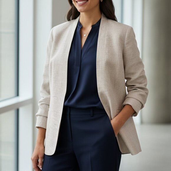 Talbots Plus Size 22W 100% Linen Beige Tan Open Front Blazer Jacket - Picture 1 of 8